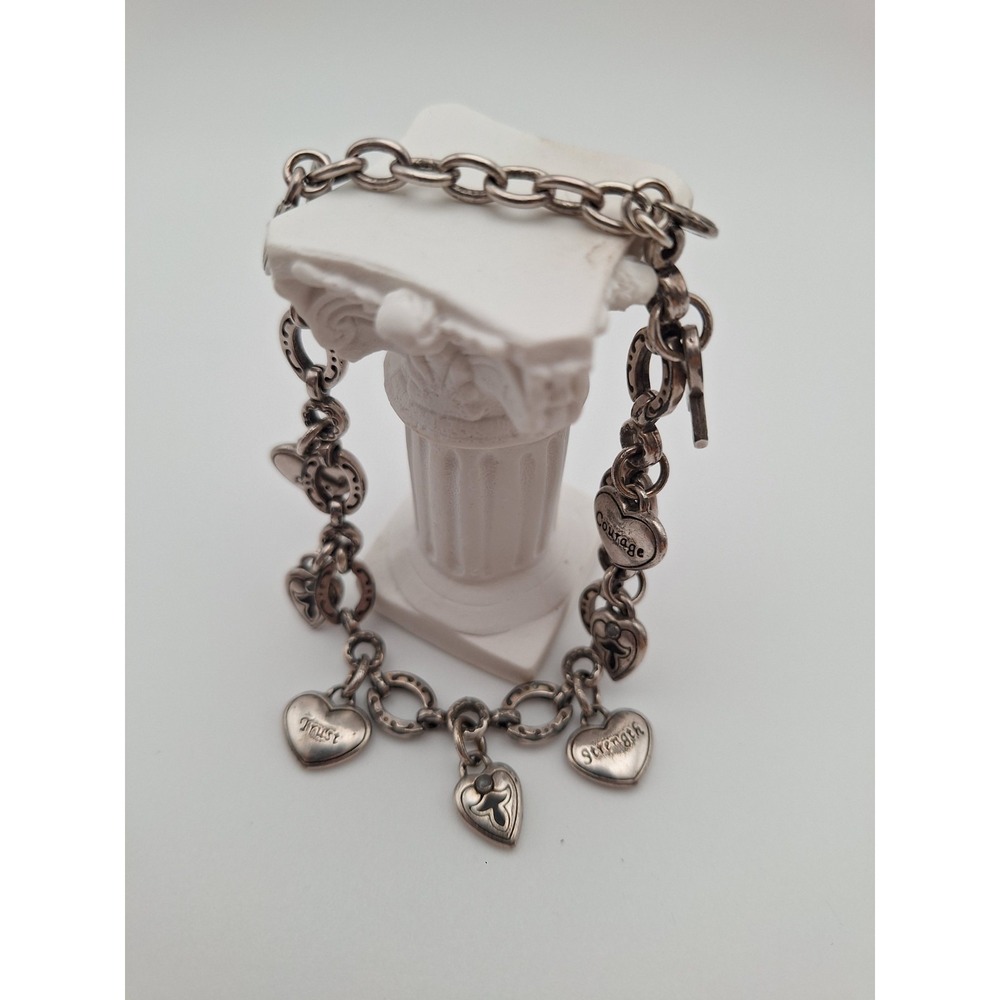 Vintage BRIGHTON Signed Charm Bracelet Strength Trust Courage Love Silver Plated